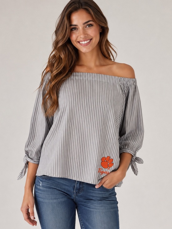 Gameday Couture Tops - Clemson Tigers Gameday Couture  Off Shoulder Striped Top M Gray White Cotton